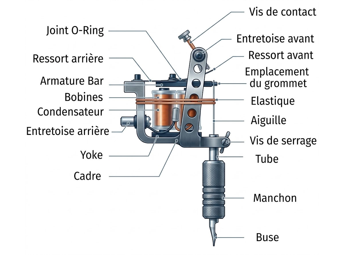 Schéma d'une machine à tatouer à bobines
